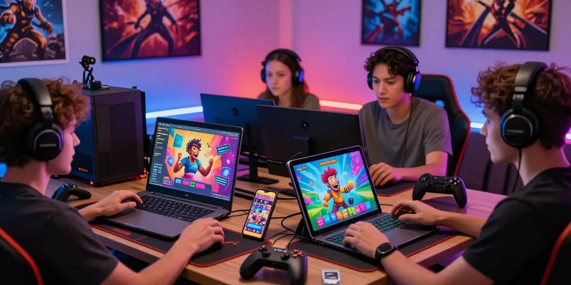 Players enjoying porn games across devices in an inviting gaming room.