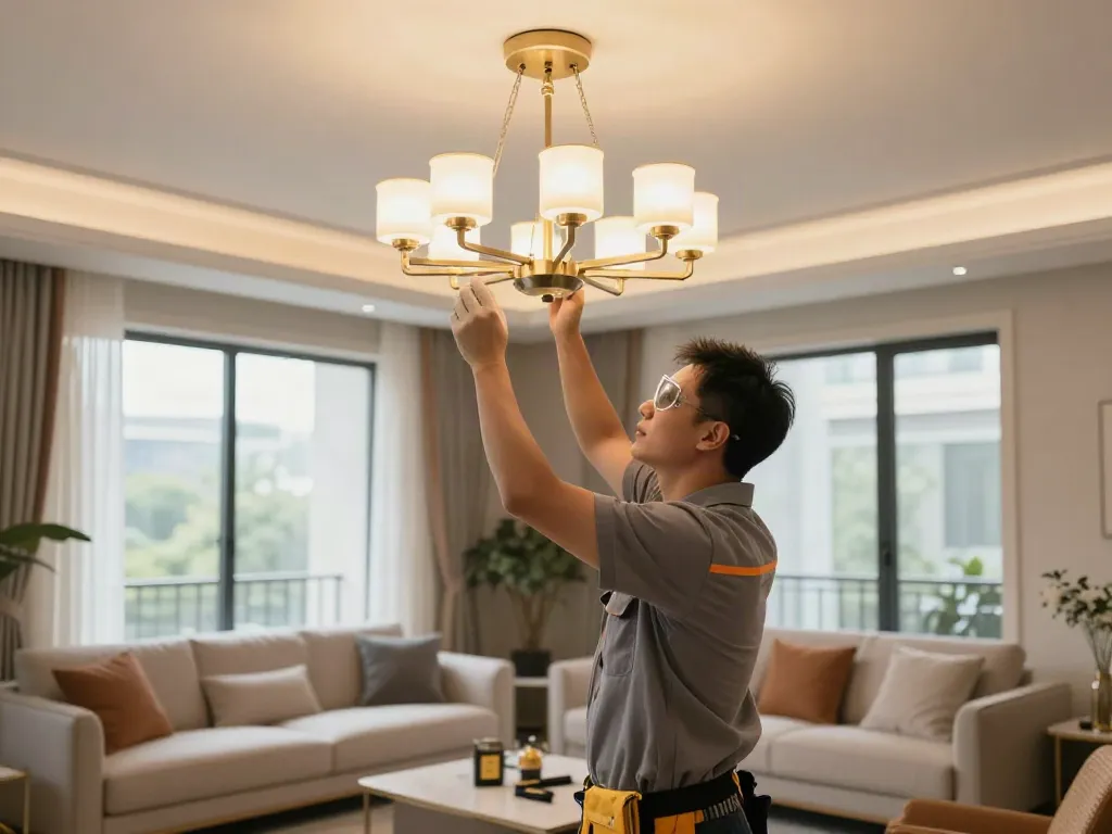 Lustre living instalate de un electrician profesionist în livingroom modern, garantând servicii de calitate.