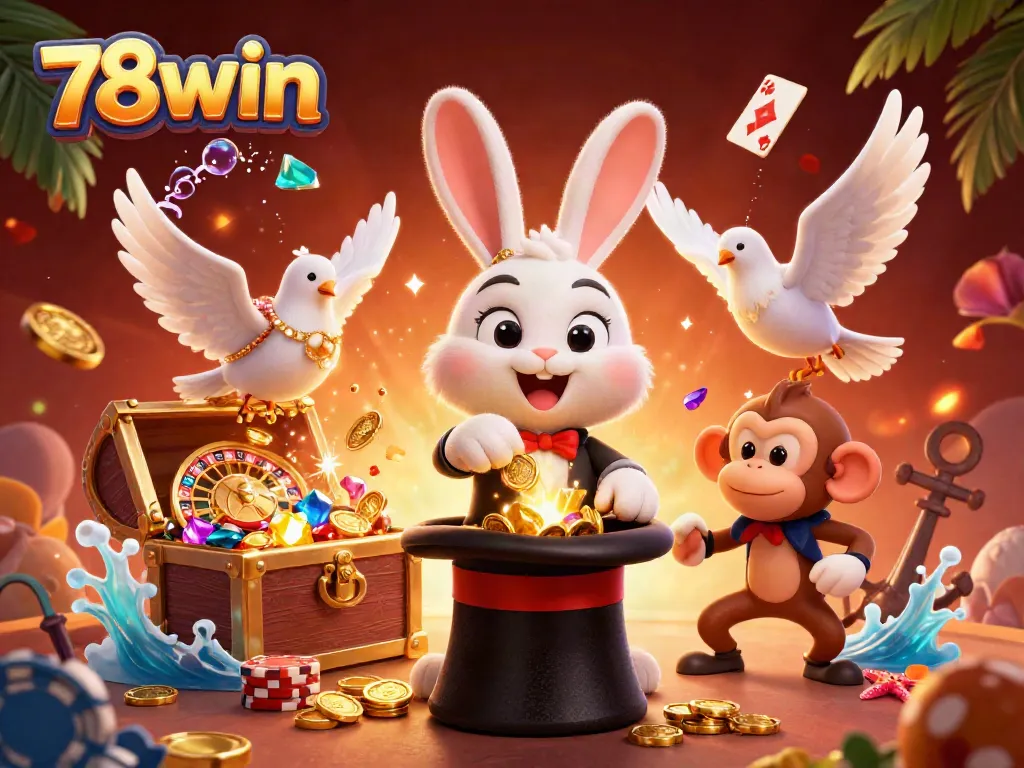 Experience the thrill of 78win with a magician rabbit and glamorous dove, surrounded by casino excitement.
