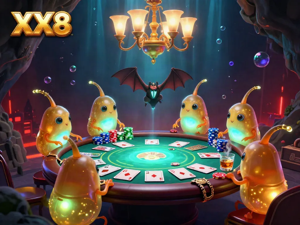 Experience the energy of XX8's cave casino where glowworms illuminate vibrant poker action with bioluminescent details.