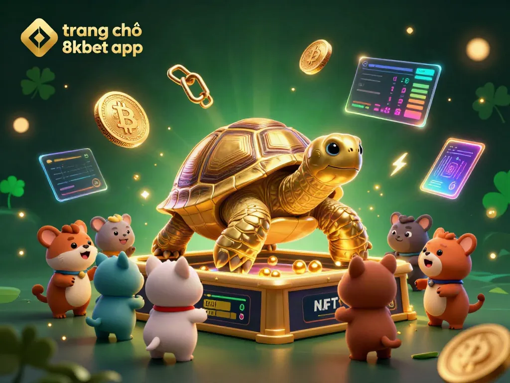 Engaging scene of the trang chủ 8xbet app with golden tortoise pinball machine and animal players surrounded by crypto elements.