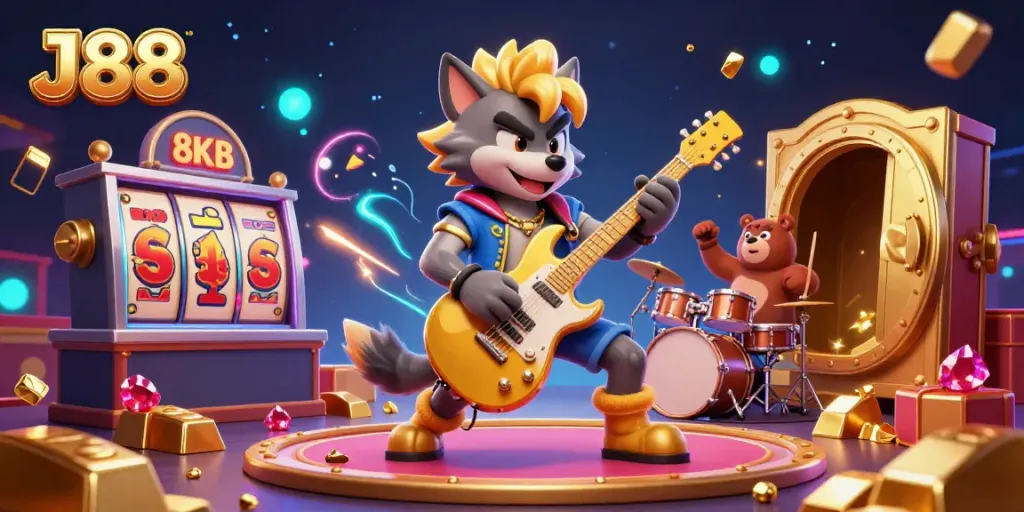 Experience J88 casino thrills with a rock star wolf, drummer bear, and treasure vaults in a captivating 3D illustration.