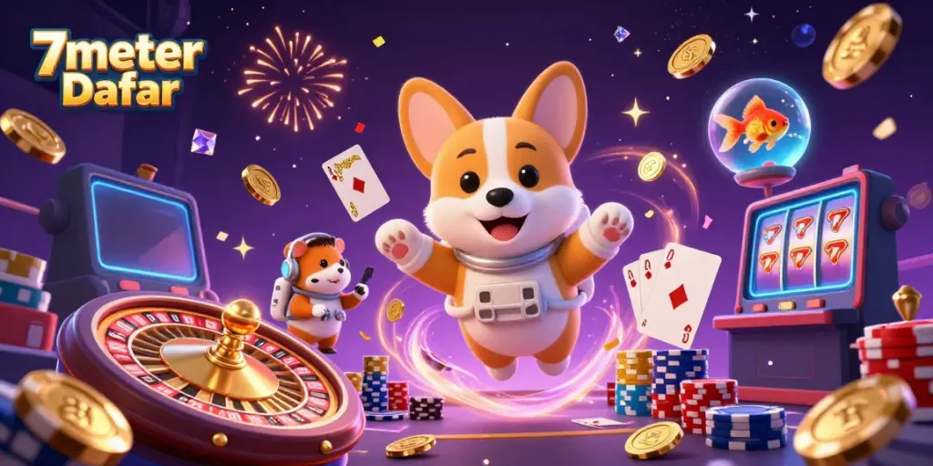 Experience the excitement of 7meter Daftar with a vibrant illustration of a casino-themed space adventure.