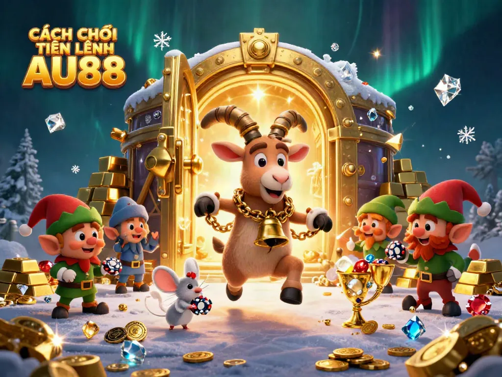 Engage in exciting CÁCH CHƠI TIẾN LÊN AU88 casino action surrounded by festive characters and riches.