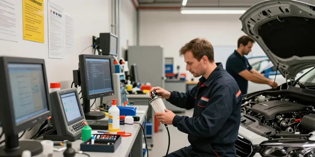 Detailed scene of DPF reinigung hannover showcasing a technician examining a diesel particulate filter in a professional automotive workshop.