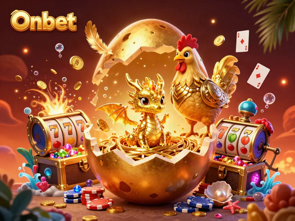 Onbet showcases a crystalized gold dragon emerging from a poker chip nest, surrounded by dynamic casino elements.