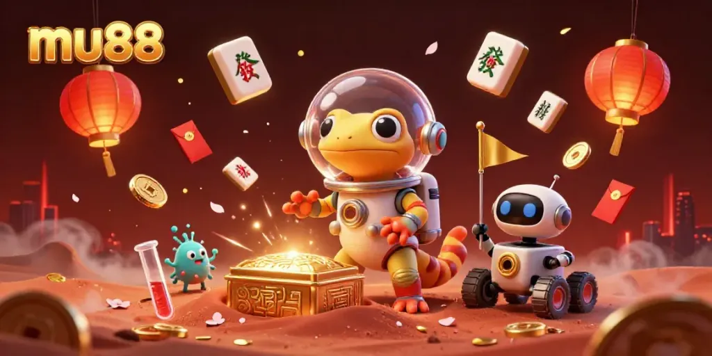 Join the Martian gecko at the golden casino on red Mars, experiencing mu88 gaming excitement.