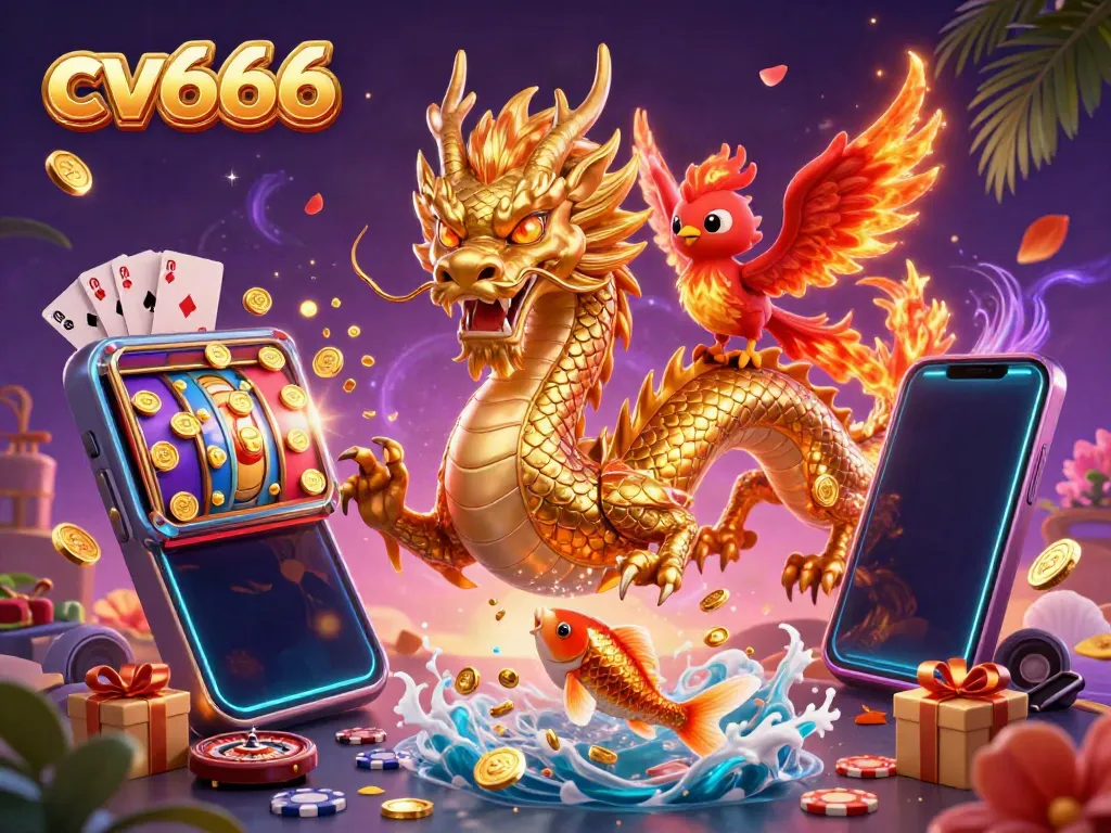 Experience thrilling gameplay with cv666 as a golden dragon, phoenix, and koi fish celebrate in a dynamic casino scene.