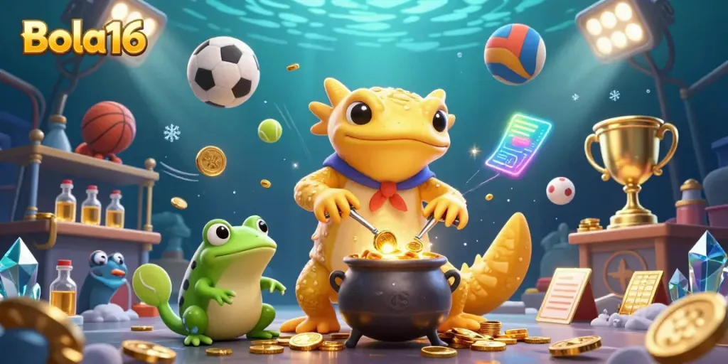Bola16 sports betting scene with an alchemist and frog creating gold while sports balls fly around.