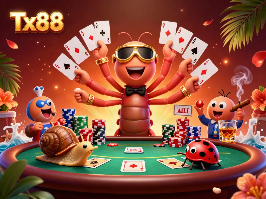 Experience thrilling games at Tx88 with a vibrant 3D cartoon casino scene full of action.