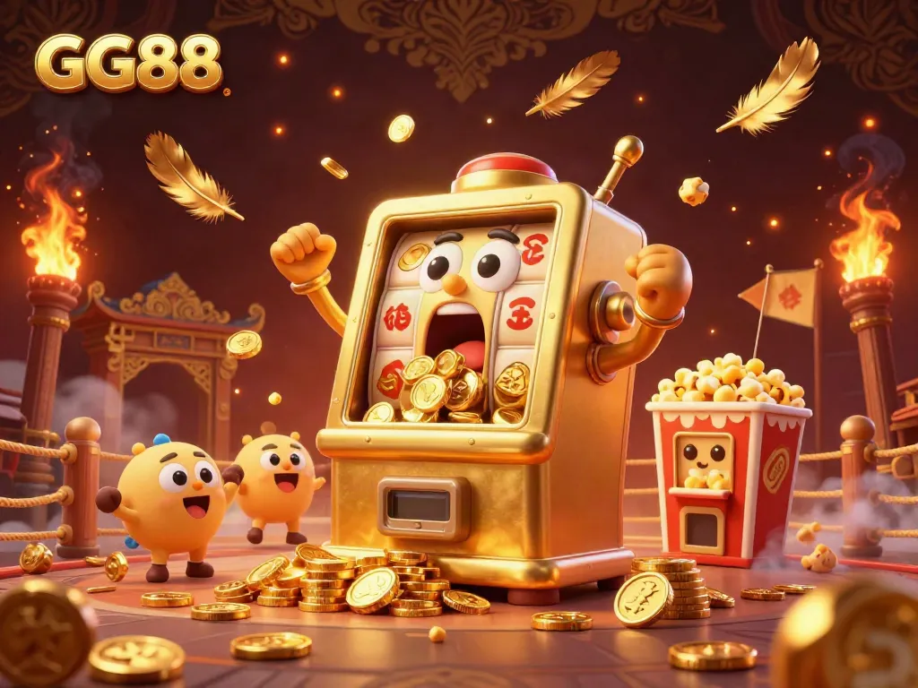 GG88 slot machine hits jackpot, surrounded by cheering baby machines and golden elements.
