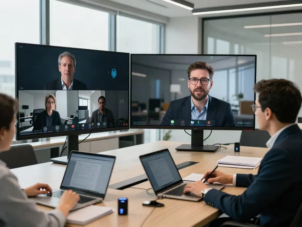 Deepfake protected conferencing meeting with secure video technology in a modern office.