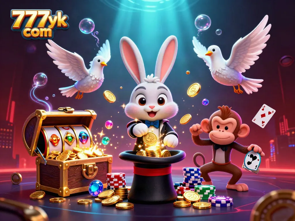 Experience the excitement of 777yk com with a magician rabbit, glamorous dove, and monkey in a vibrant 3D casino setting.