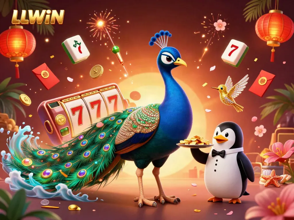 Experience the excitement of LLWIN with a vibrant casino-themed illustration featuring colorful characters and dynamic gambling elements.