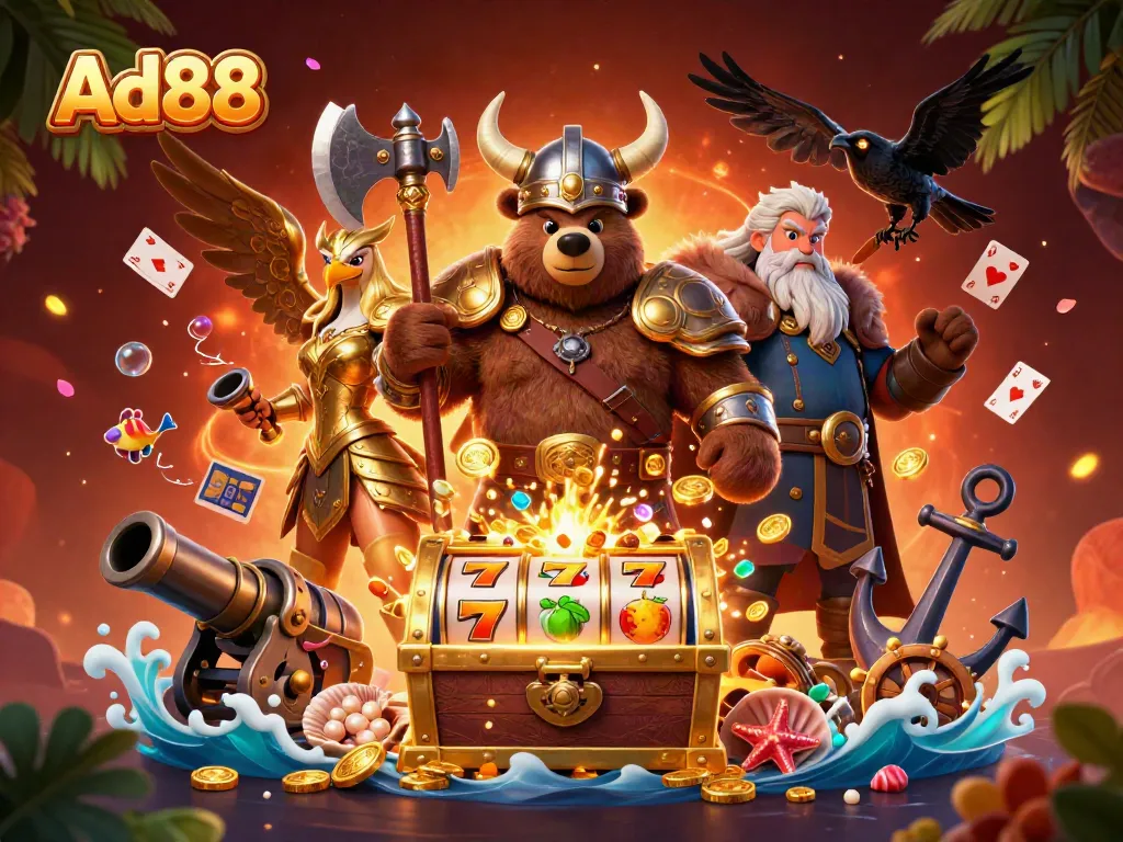 Experience the excitement of Ad88 with a dynamic casino scene featuring a Viking berserker bear and glowing treasure.