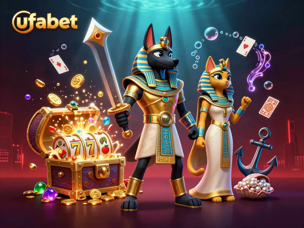 ภาพแคมเปญ UFABET ที่มีนักรบอนูบิส, สิ่งของคาสิโน, และอัญมณีที่ระยิบระยับ