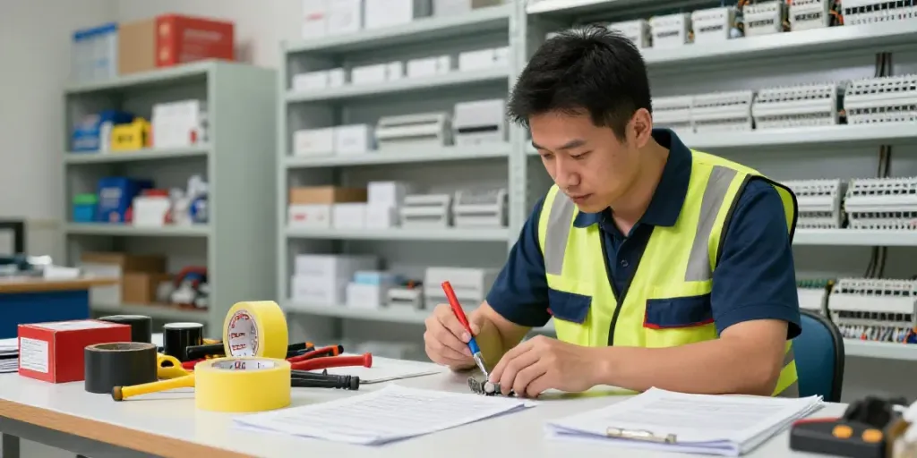Electrician using Link Super33 tape in a professional workshop setting.