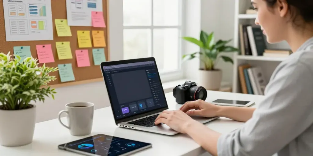Content creator using an online AI content generator in a modern workspace.