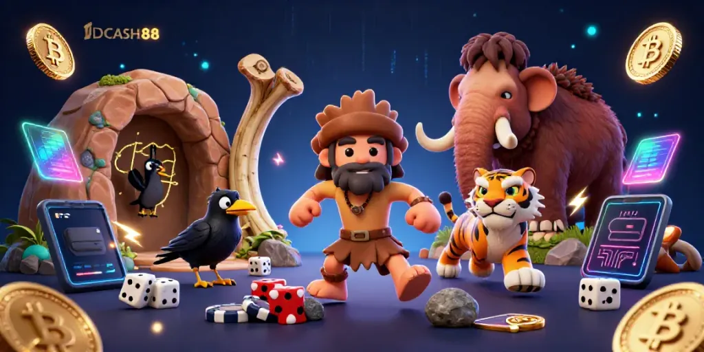 Experience the thrill of IDCASH88 with a whimsical 3D casino scene featuring vibrant characters and crypto elements.