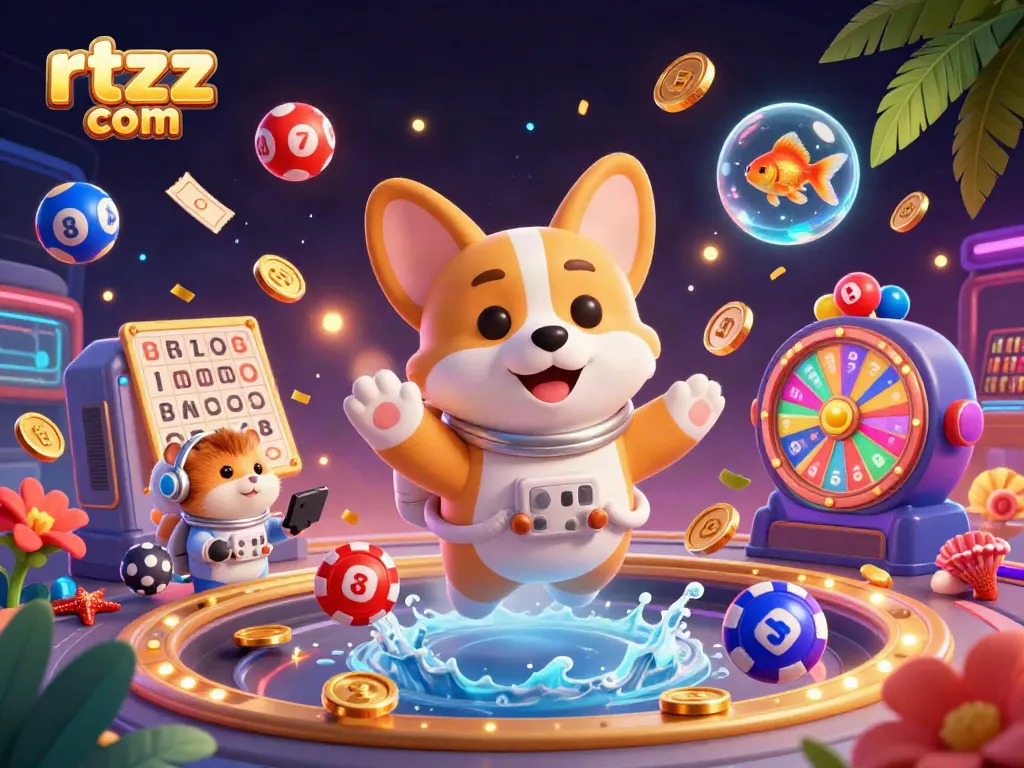 Experience the thrill of gaming with rtzz com in this immersive 3D casino scene featuring a floating corgi and dynamic casino elements.