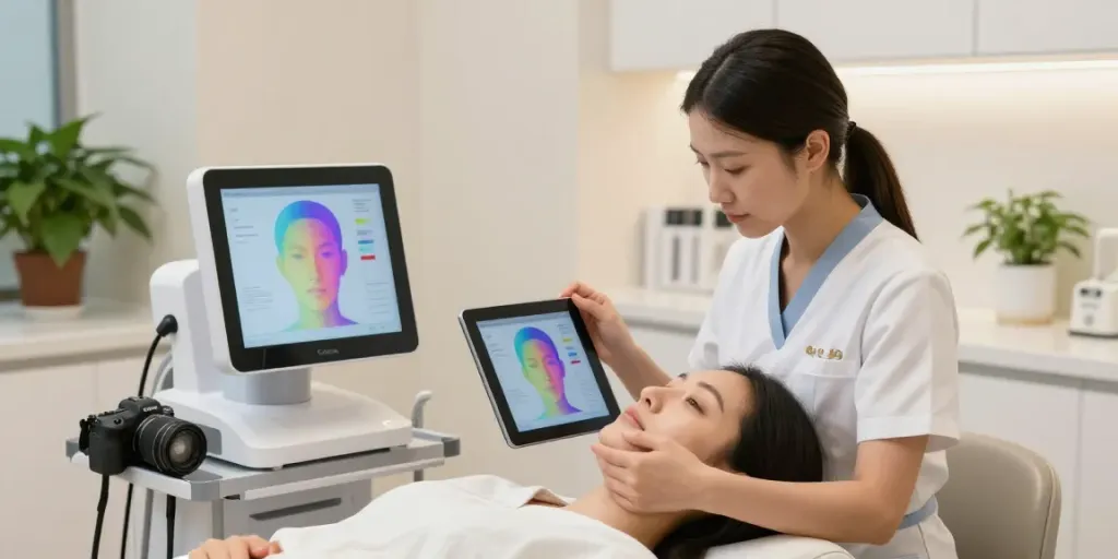 Client receiving facial analysis for alternatives to QOVES with professional aesthetician.
