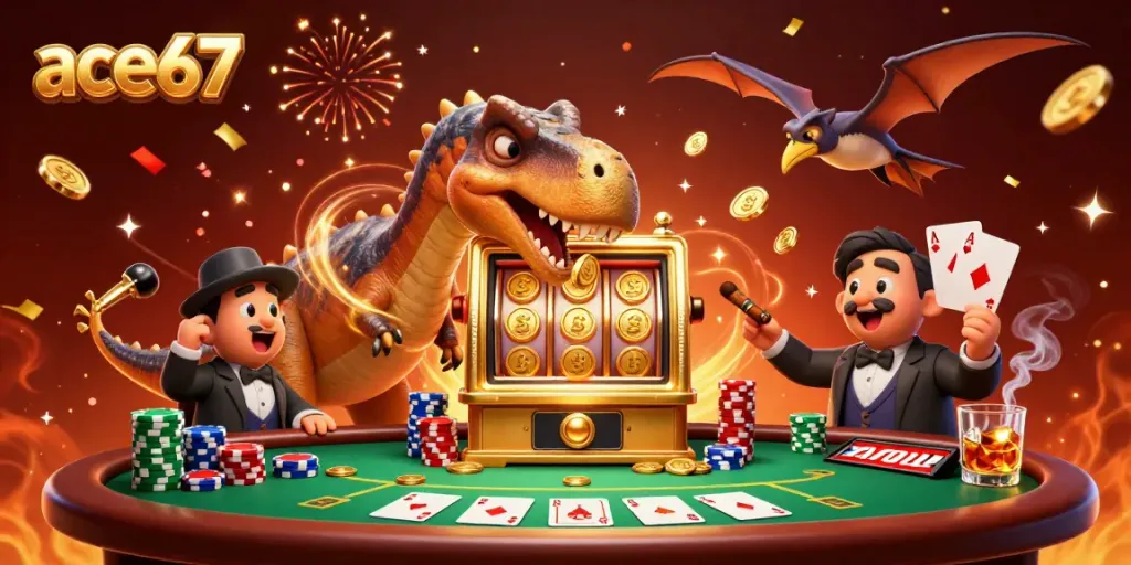 Ace67 brings excitement with a dinosaur jackpot, colorful poker chips, and casino thrills.