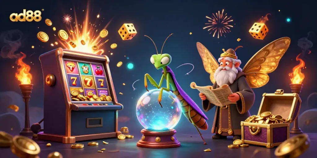 Experience the excitement of ad88 with a vibrant casino scene featuring mystical characters and dynamic game elements.