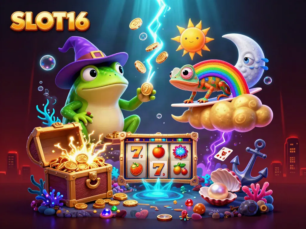 SLOT16 adventure with a wizard frog and chameleon in a vibrant casino-themed storm of gold.