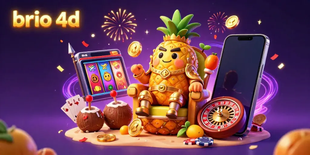 Engage in the thrilling atmosphere of brio 4d's casino with a vibrant 3D scene featuring lively characters and slot games.