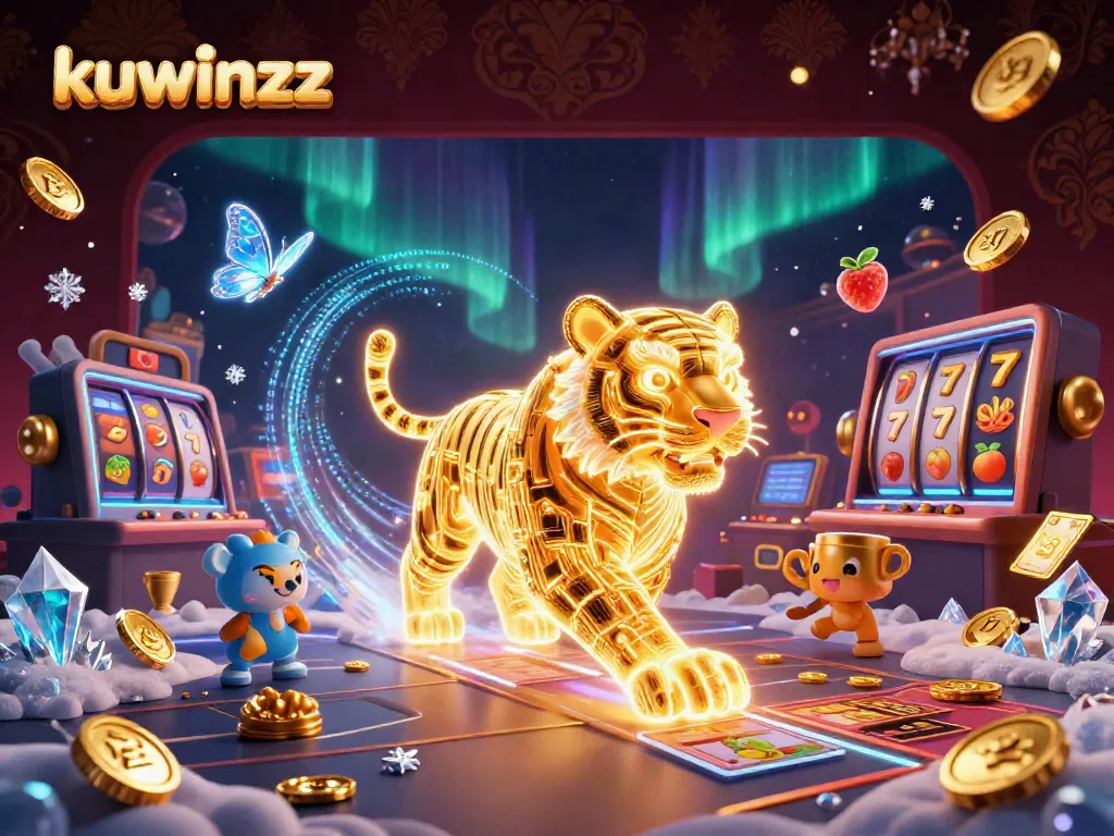 Engage with kuwinzz's thrilling digital casino experience featuring a neon tiger and exciting game elements.