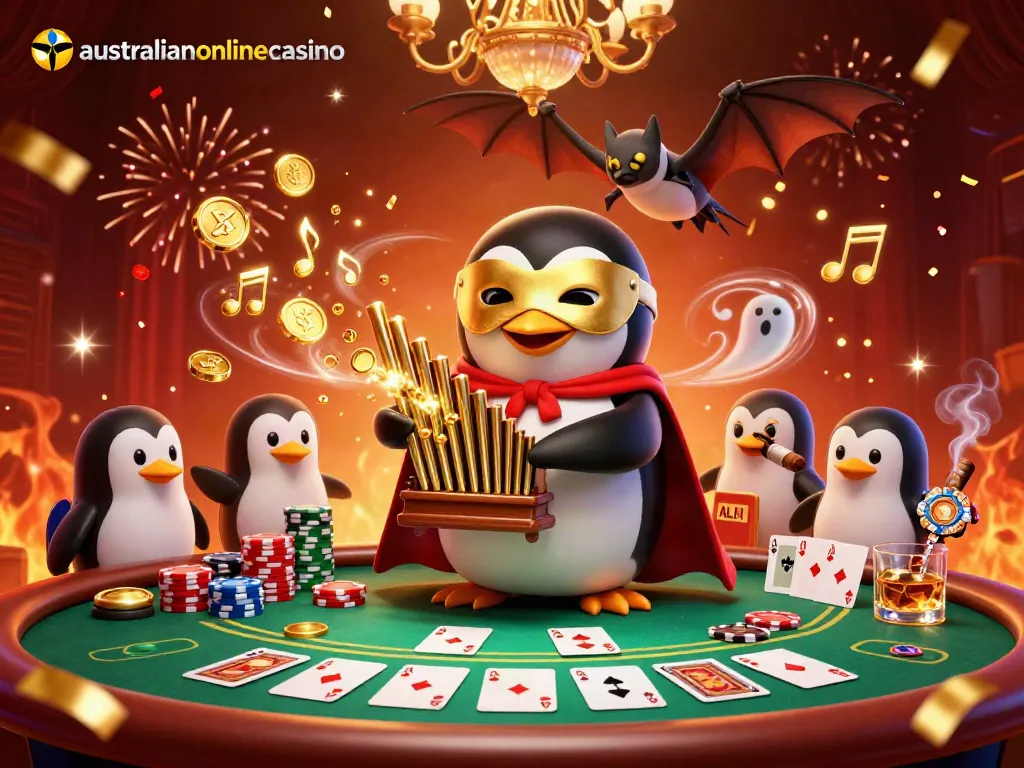 Carnival scene with a penguin playing an organ shooting coins, poker elements, and vibrant colors, representing australianonlinecasino.