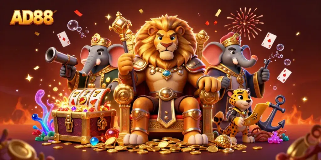 AD88 engages players with a lively casino scene featuring a lion king, elephant advisor, and cheetah messenger.