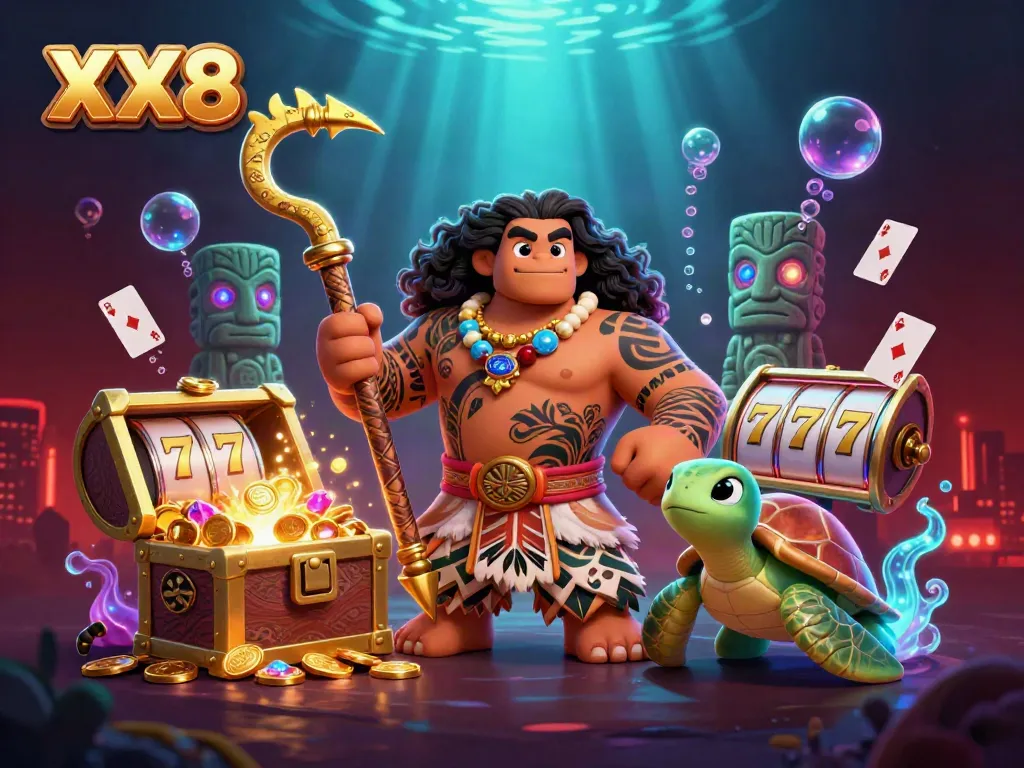 Engage with slot gaming in a vibrant scene featuring XX8 characters amidst treasure and colorful game elements.