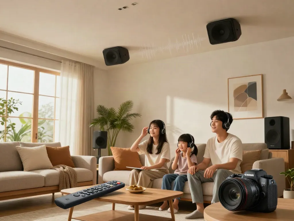 Spacious living room showcasing high-quality اسپیکر سقفی integrated into the ceiling, with a family enjoying music.