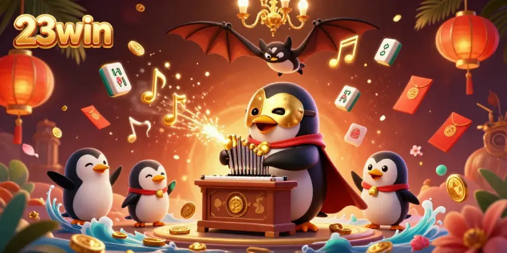 Experience thrilling gameplay with 23win as a penguin orchestrates a golden casino scene.