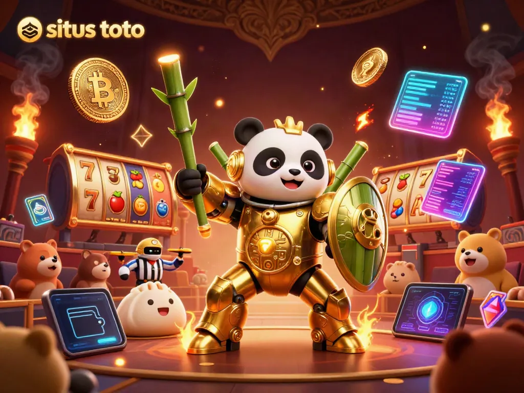 Showcasing situs toto with a golden panda in combat, surrounded by vibrant slot symbols and neon crypto elements.