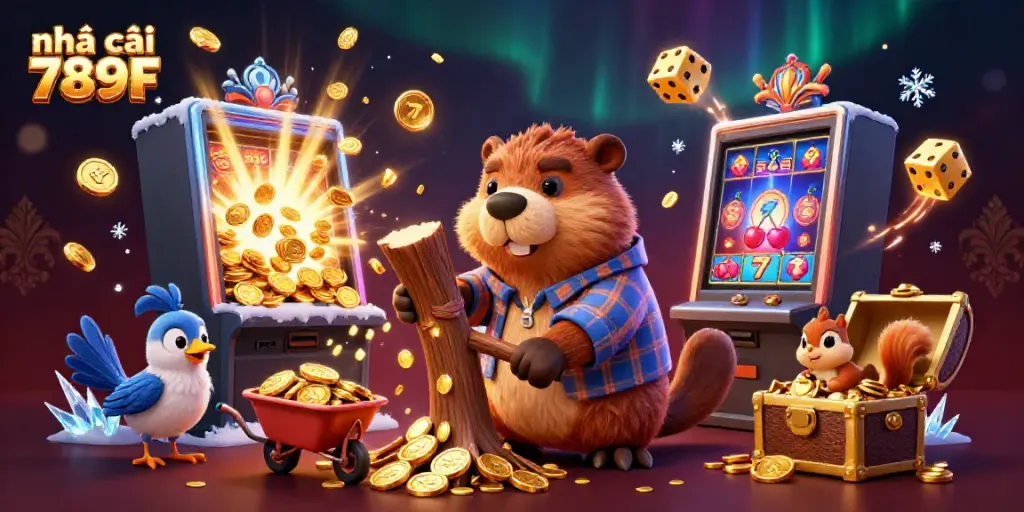 Play and win at nhà cái 789F with vibrant casino-themed 3D illustration featuring beaver and friends.