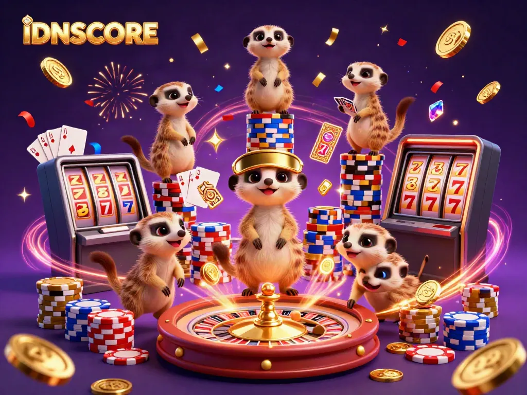 Experience IDNSCORE’s vibrant casino world with meerkats dealing cards and spinning roulette.