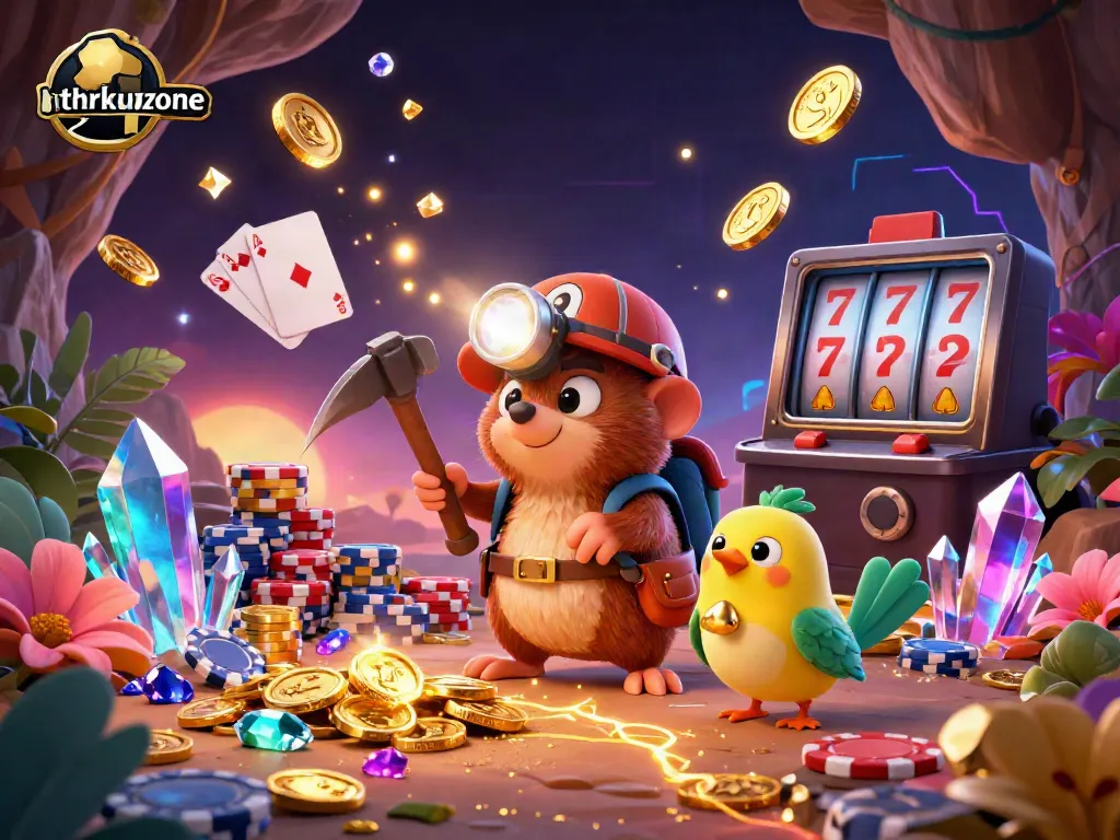 Experience thrilling gaming action with thrkuzone as a treasure hunter mole and canary collect riches amidst cascading gold coins.