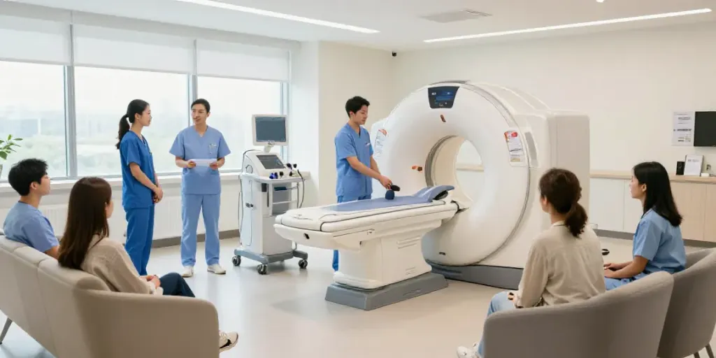 Diagnostikzentrum Wolfsburg mit modernen Geräten und einfühlsamen Fachärzten, die Patienten betreuen.