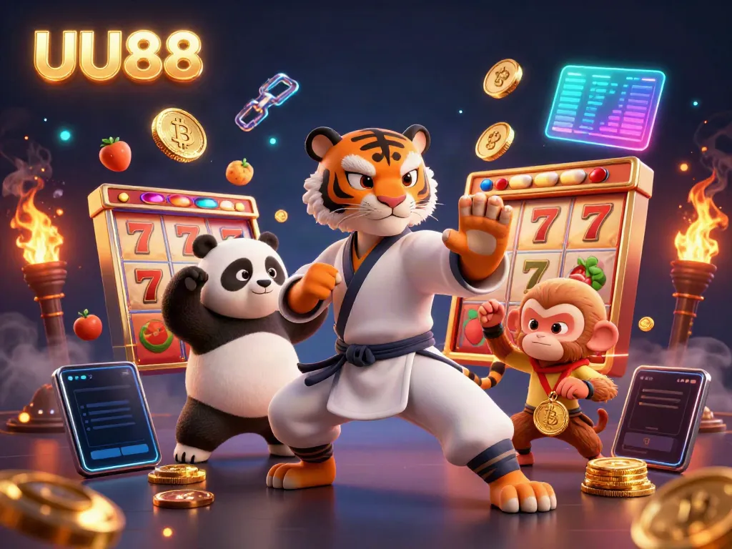 Experience the excitement of UU88 with a vibrant casino scene featuring a kung fu tiger, panda, and monkey, amidst dynamic gambling elements.