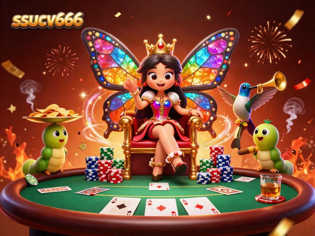 Experience ssucv666's vibrant casino scene with a colorful butterfly queen and poker action.
