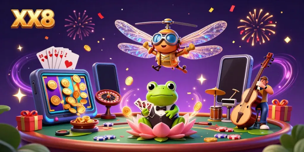 Experience the excitement of XX8 with a vibrant casino-themed illustration featuring characters and gaming elements.