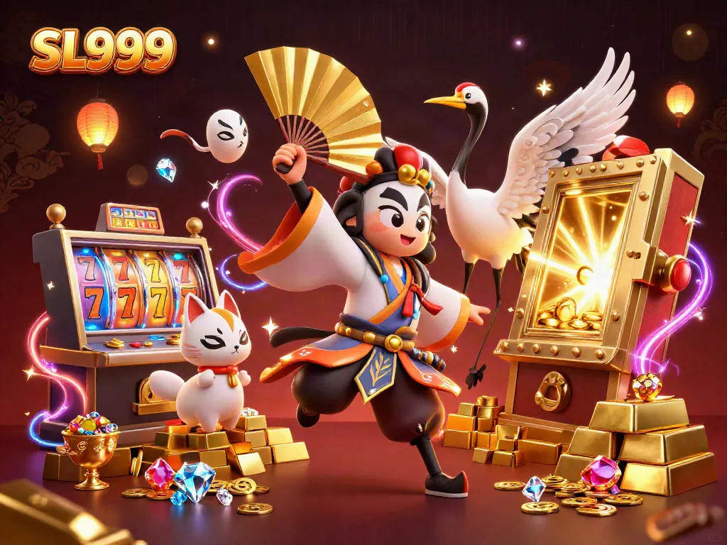Experience thrilling slots at SL999 with a captivating kabuki warrior in this vibrant casino scene.