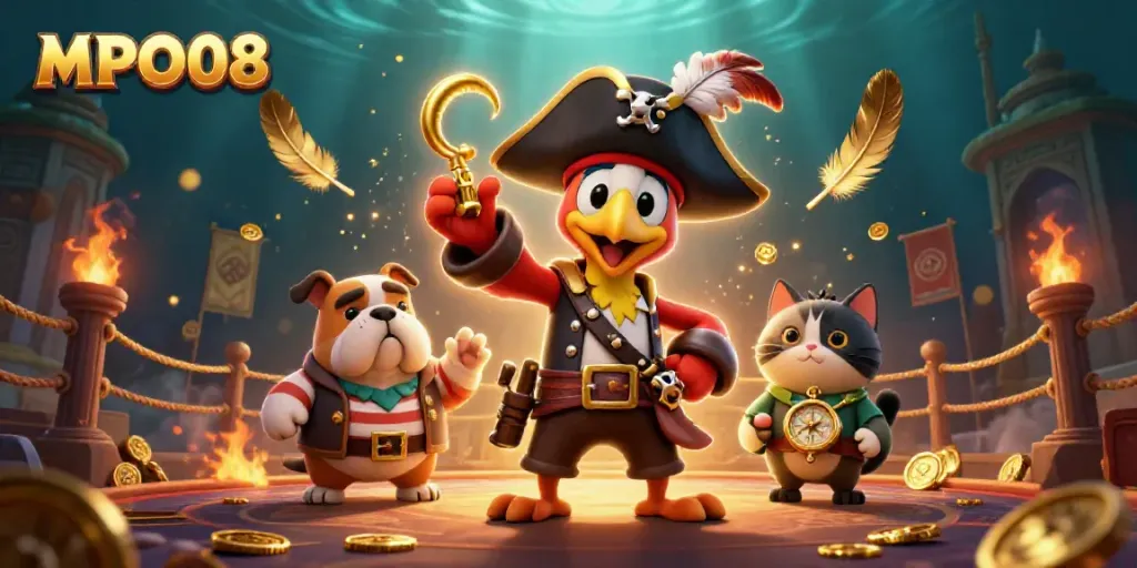 Engaging pirate-themed MPO08 illustration featuring characters around a gambling arena with vibrant game elements.