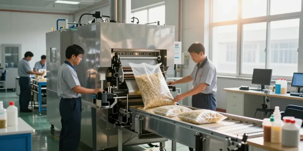 Open mouth bag filling machine efficiently packaging bulk materials in a modern manufacturing facility.
