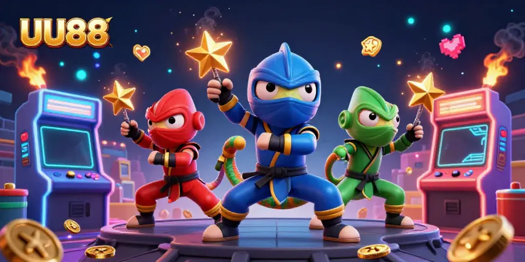 Experience exciting gameplay at UU88 with vibrant casino elements surrounding dynamic characters.