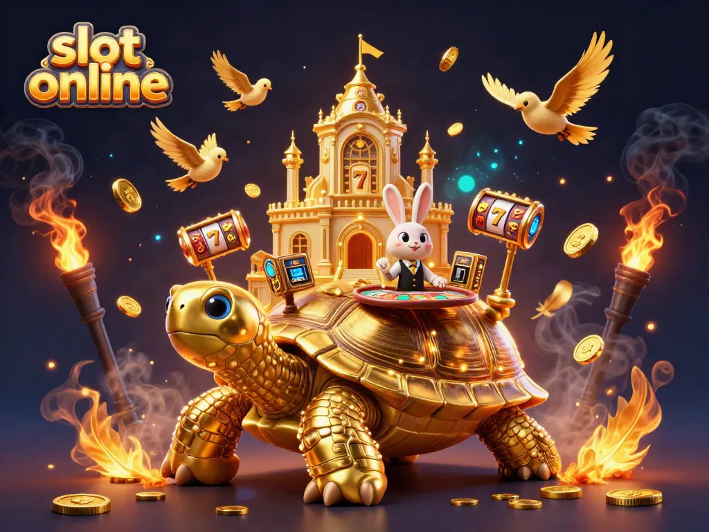 Play exciting slot online games with a golden tortoise and a rabbit dealer on a vibrant casino-themed scene.