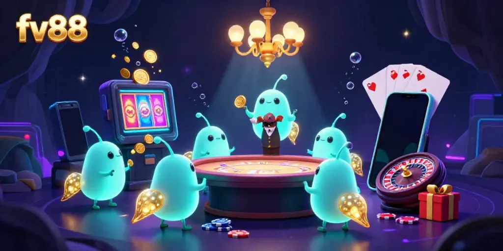 Experience thrilling gameplay at FV88 with vibrant glowworms lighting up a dynamic casino scene.