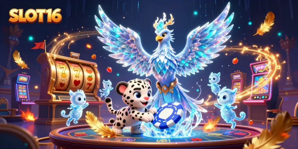 Experience the excitement of SLOT16 with a vibrant scene featuring a 3D phoenix, poker chip, and casino elements.